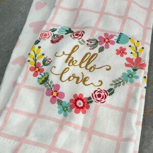 Set of 2 Valentine's Day HELLO LOVE Floral Kitchen Towels 100% Cotton 15" x 25"